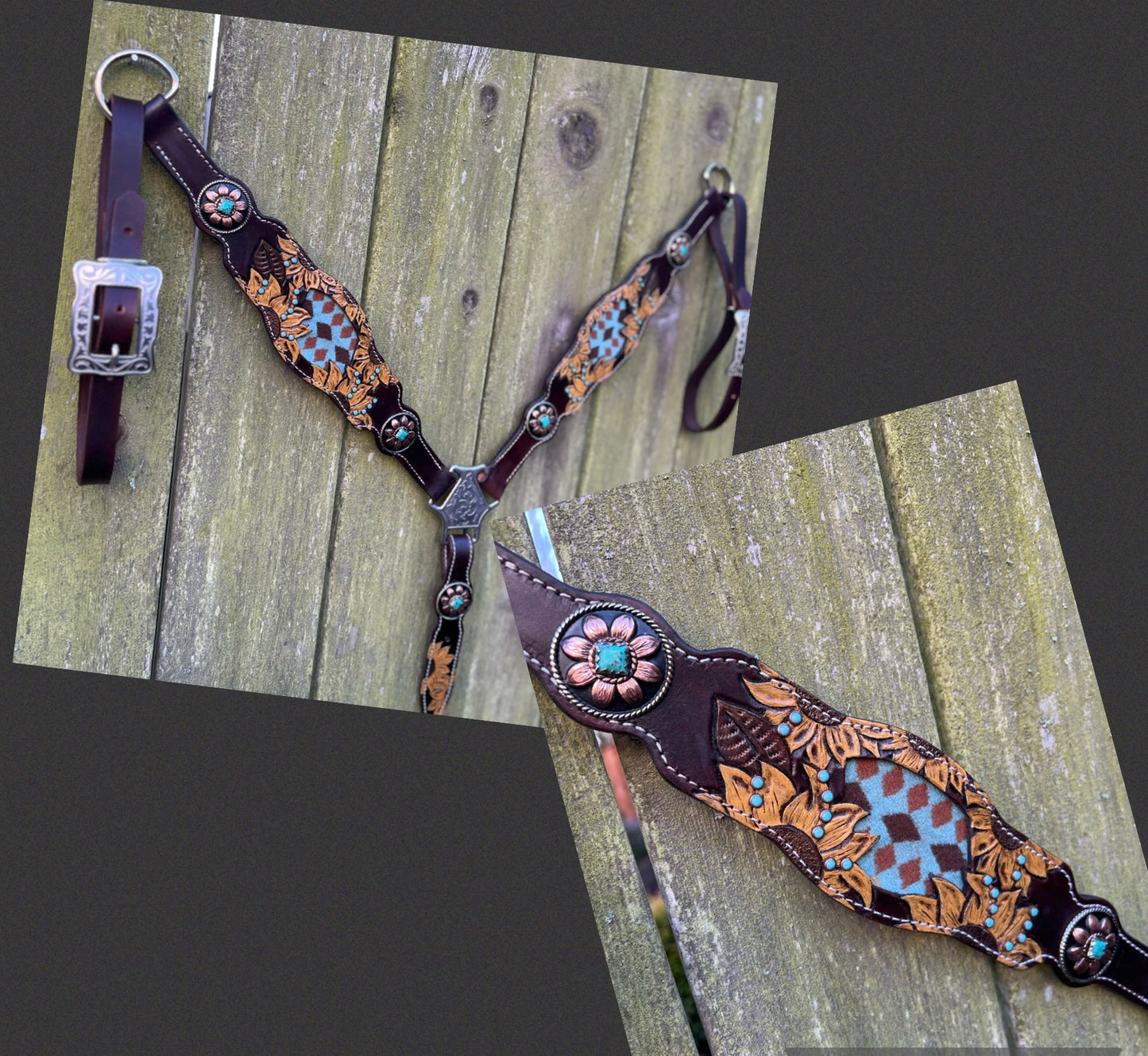 Handmade leather breast collar, Hand painted yellow sunflowers, turquoise blue hand set cabochons, handmade silver and copper conchos, and silver horseswhoe hardware