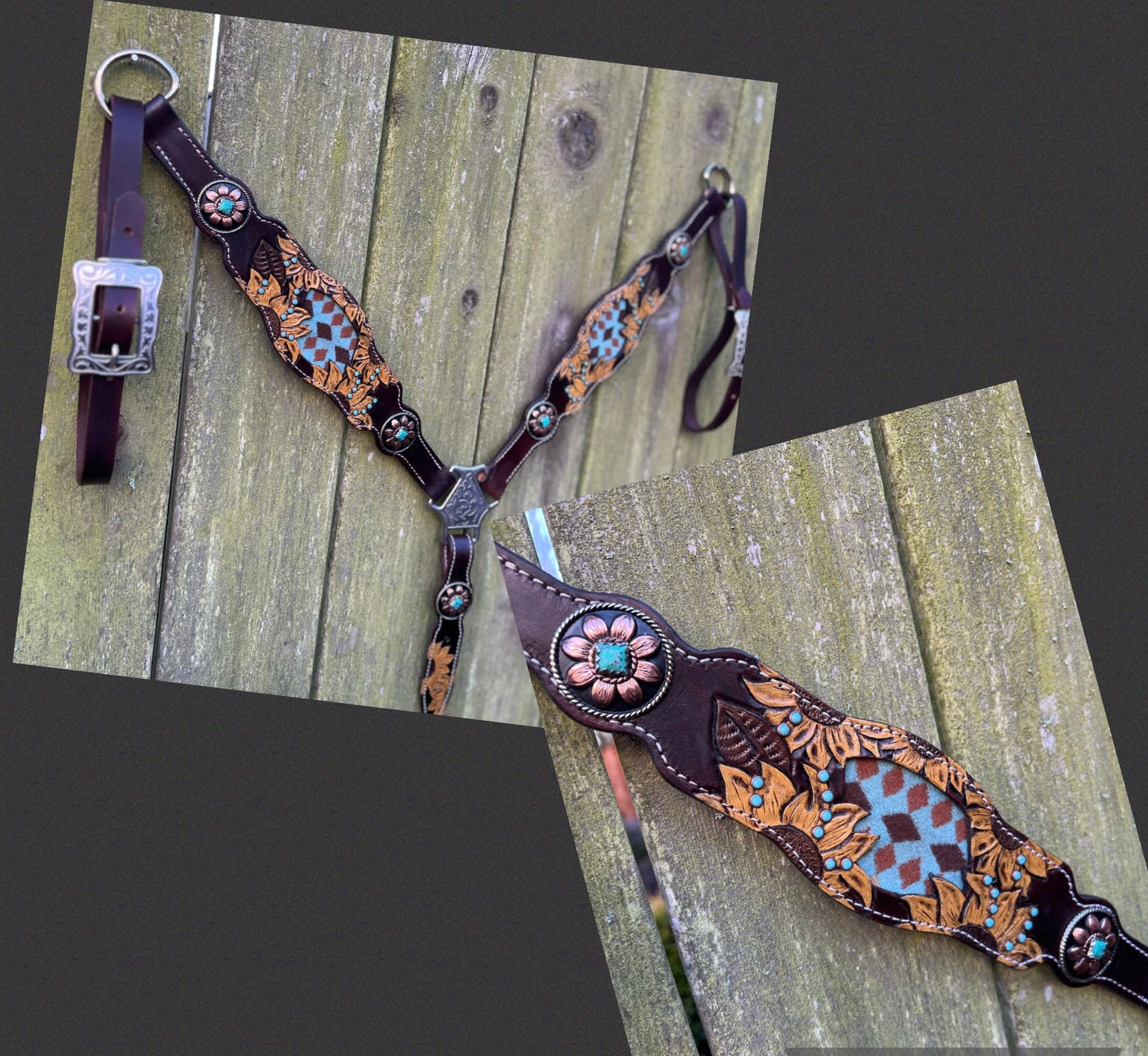 Handmade leather breast collar, Hand painted yellow sunflowers, turquoise blue hand set cabochons, handmade silver and copper conchos, and silver horseswhoe hardware