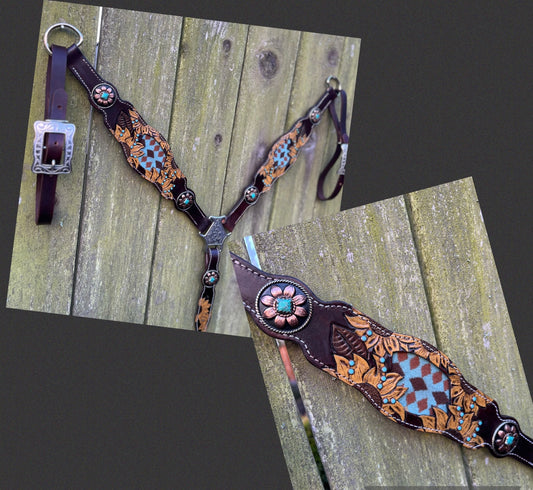 Handmade leather breast collar, Hand painted yellow sunflowers, turquoise blue hand set cabochons, handmade silver and copper conchos, and silver horseswhoe hardware  